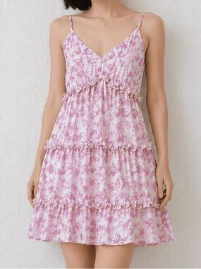 Pink floral tiered mini dress coquette fairycore sundress babydoll